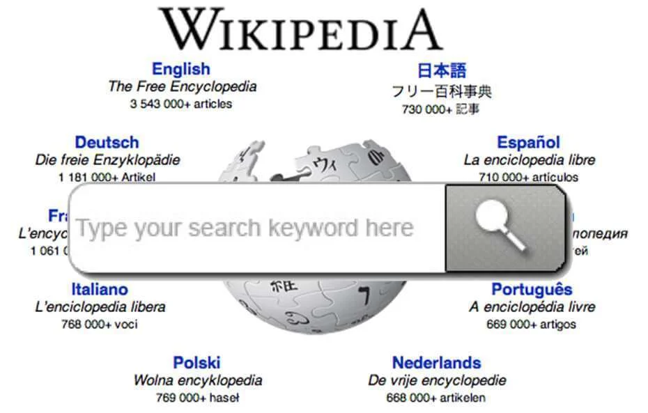 Wikipedia search interface with multiple language options.
