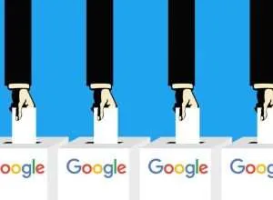 Illustration of hands casting votes into Google-branded ballot boxes.