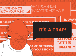 Cartoon character warns against clickbait titles with examples in background.