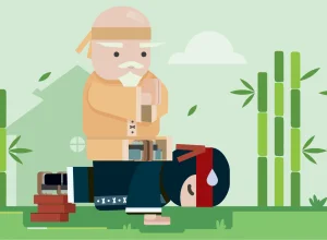 Illustration of a sensei guiding a student in a bamboo forest, symbolizing content creation guidance.