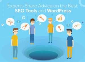 Illustration of experts discussing SEO tools and WordPress plugins.