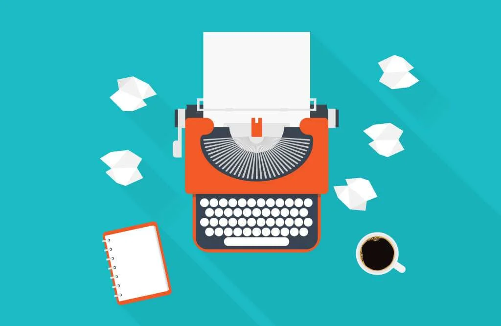 Illustration of a typewriter, notebook, and coffee for content writing tips.