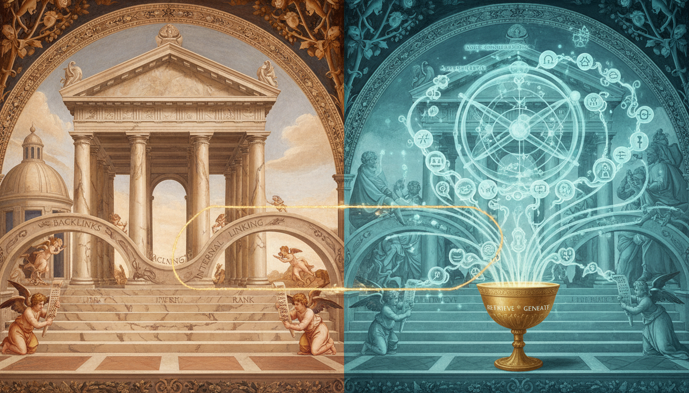Renaissance diptych fresco showing differences in mechanisms and signals: Left panel — a marble SERP temple with stepped ranking plinths (index-and-rank), crawling cherubs carrying scrolls into an index vault, bridge motifs for backlinks and archways for internal linking; warm earth palette with subtle brand orange accents (#FF582A). Right panel — an AI chat scriptorium where a glowing orrery, node constellations, and flowing speech-bubble forms feed a mixing chalice (retrieve-and-generate), illuminated in blue/teal. A thin seam of golden light bridges the two panels to indicate parallel rails; highly detailed yet text-free Renaissance style, 16:9 aspect ratio