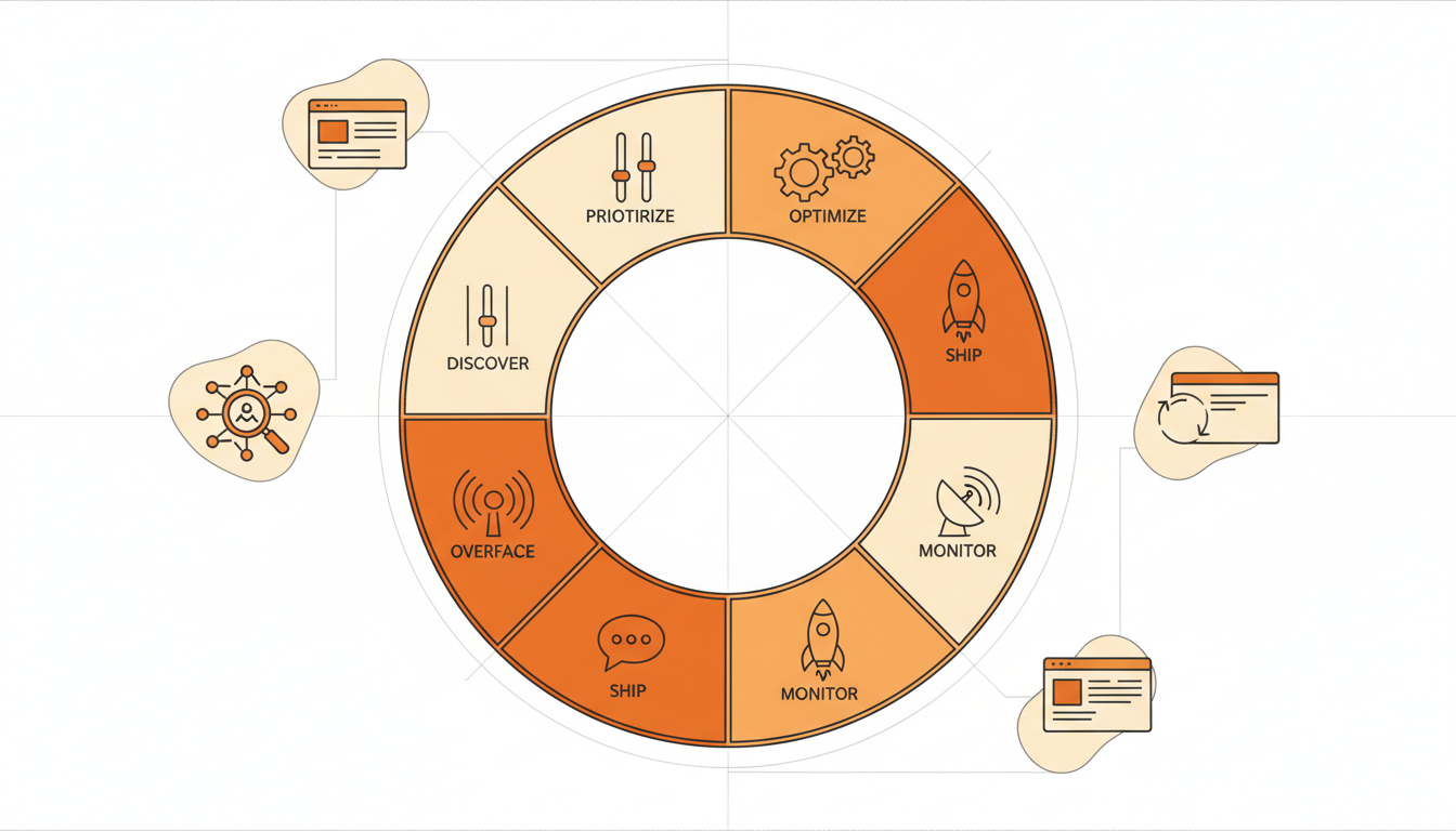 Six-phase AI visibility optimization operating model as a large ring: massive circular loop divided into six segments with iconography for discover (magnifying glass scanning nodes), prioritize (slider/target), optimize (gears), ship (rocket), monitor (radar), iterate (loop arrow); connectors to tiny AI surfaces (overview card, chat bubble, knowledge panel) arranged around the ring; white background, engineering drawing style with clean vectors, large elements filling frame, various shades of orange with brand accent #FF582A for segment highlights and key edges (10–20% area), subtle gray construction lines, no text, 16:9 aspect ratio