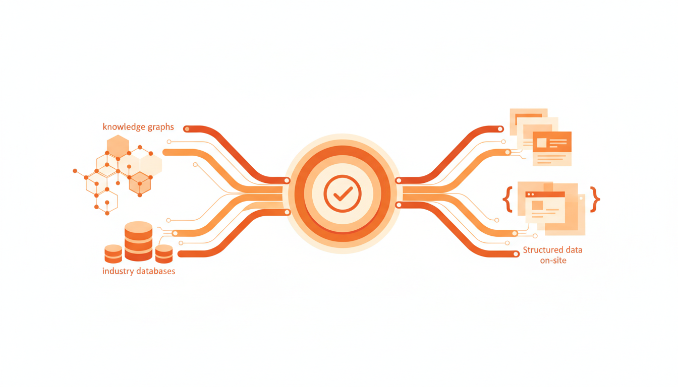 Entity management blueprint: oversized central brand entity badge with a verification check connected via thick conduits to three major node clusters representing knowledge graphs (hexagonal lattice), industry databases (stacked database cylinders), and structured data on-site (schema brackets around page tiles); emphasis on clean connections, deduplicated linking, and authority consolidation; white background, macro-scale elements dominate, precise technical illustration, layered orange tones with #FF582A accent on verified nodes and strongest links (~15%), minimal black outlines, no text, 16:9 aspect ratio