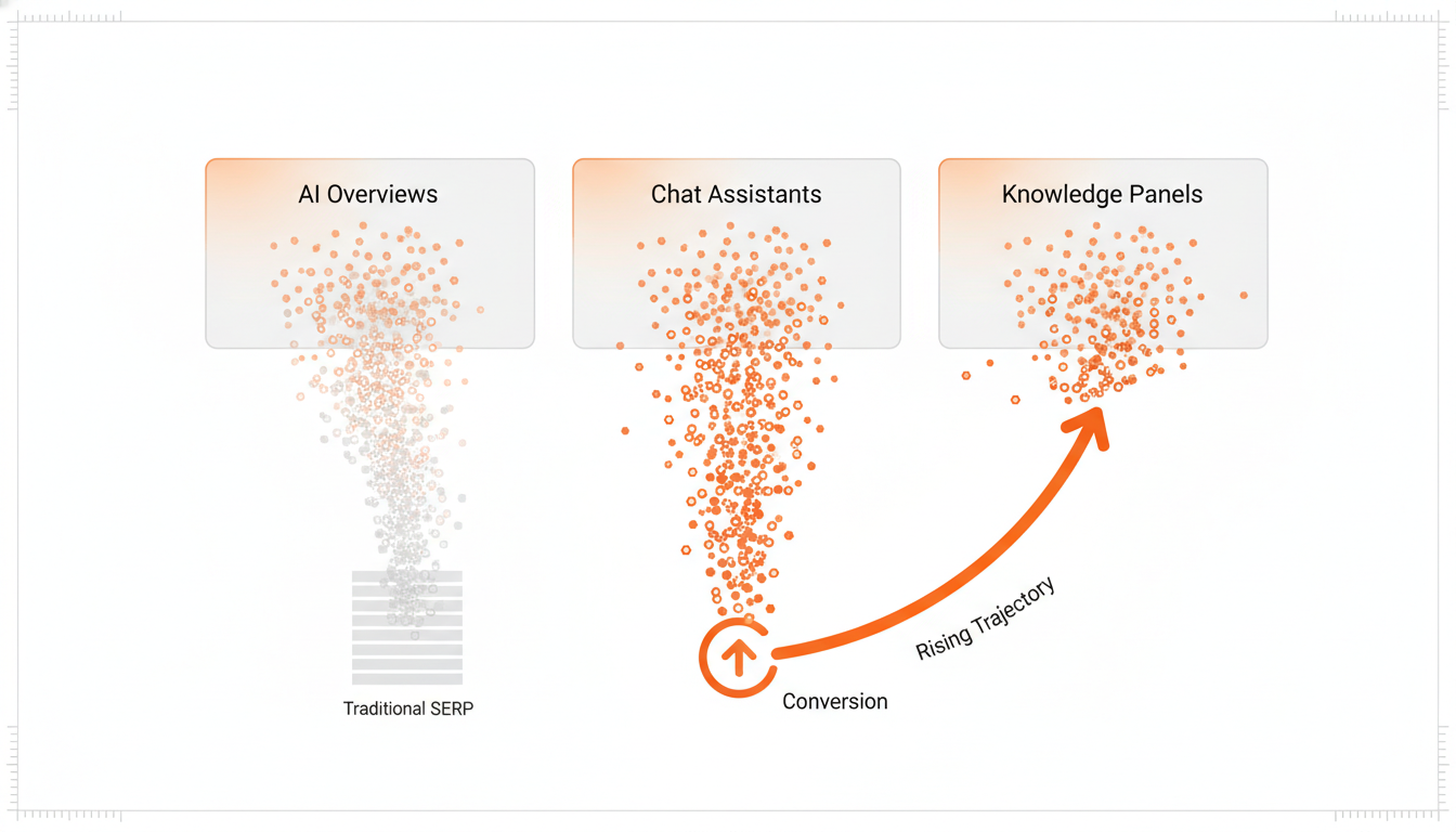 AI surface visibility measurement scene: three giant panels across the canvas representing AI Overviews, chat assistants, and knowledge panels, each emitting bright citation tokens that converge into a single conversion icon and a rising trajectory arrow; include a comparative faint stream from a traditional SERP stack for contrast; light, uncluttered layout with full-size components, white background, technical drawing aesthetic, nuanced orange gradients with #FF582A accent on citation tokens and convergence pathway (10–20%), subtle grid and rulers, no text, 16:9 aspect ratio